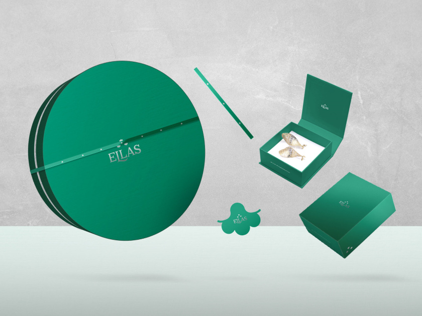 ELLAS珠寶品牌logo設計與品牌vi形象設計，三個花朵徽章