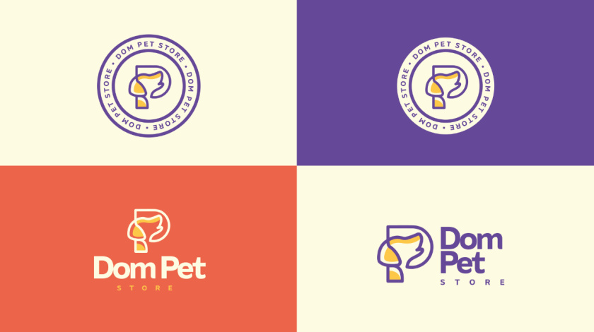 Dom Pet Store 寵物食品專賣店品牌logo設(shè)計vi設(shè)計，首字母+狗頭線條logo
