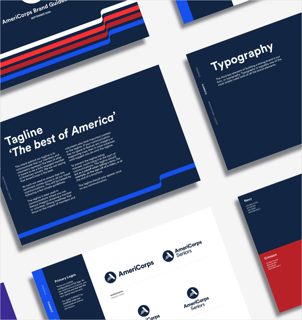 AmeriCorps 美國(guó)國(guó)家社區(qū)服務(wù)公司品牌logo設(shè)計(jì)與vi設(shè)計(jì)，字母A+美國(guó)國(guó)旗