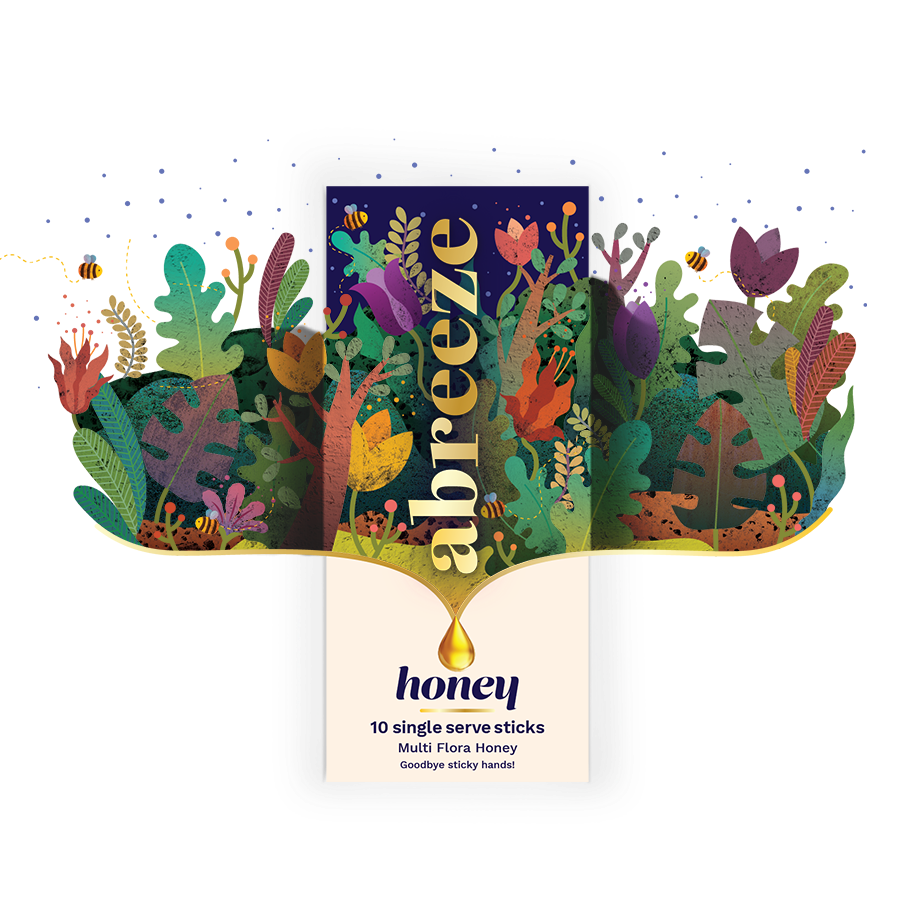 Abreeze 多花蜂蜜包裝設計，展現(xiàn)蜜蜂采集花蜜過程插畫
