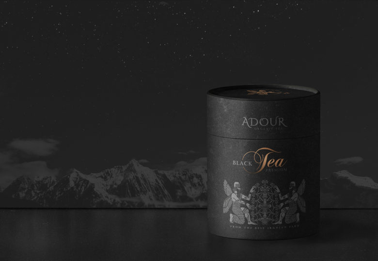 黑色風格Adour伊朗紅茶包裝設計，波斯第一帝國士兵插畫設計