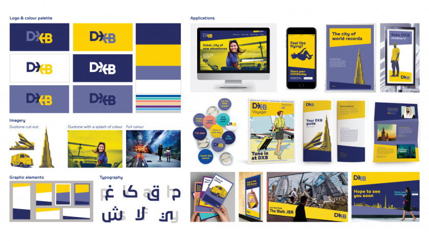 DXB迪拜機場X形箭頭logo設(shè)計與品牌形象設(shè)計，源自品牌理念“內(nèi)在的驚喜”