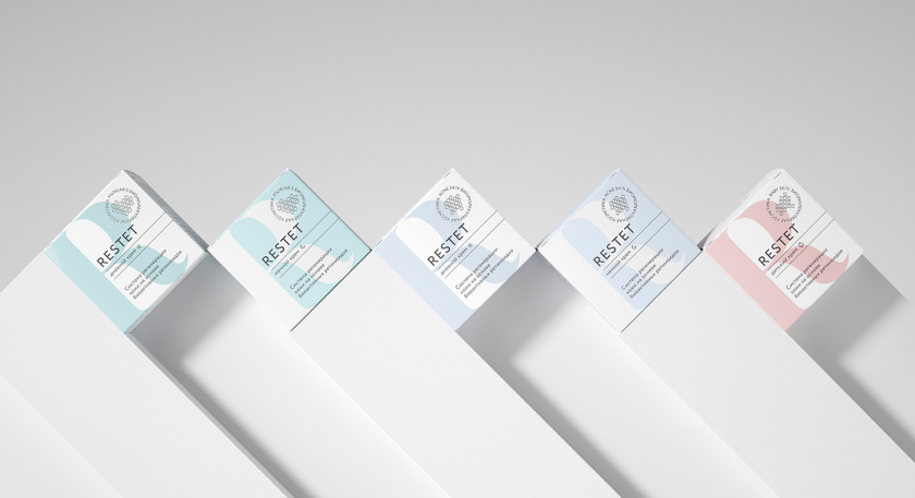Restet醫(yī)美化妝品包裝設(shè)計(jì)，字母R+動(dòng)態(tài)圓點(diǎn)元素