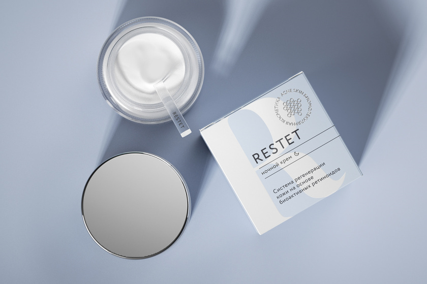 Restet醫(yī)美化妝品包裝設(shè)計(jì)，字母R+動(dòng)態(tài)圓點(diǎn)元素