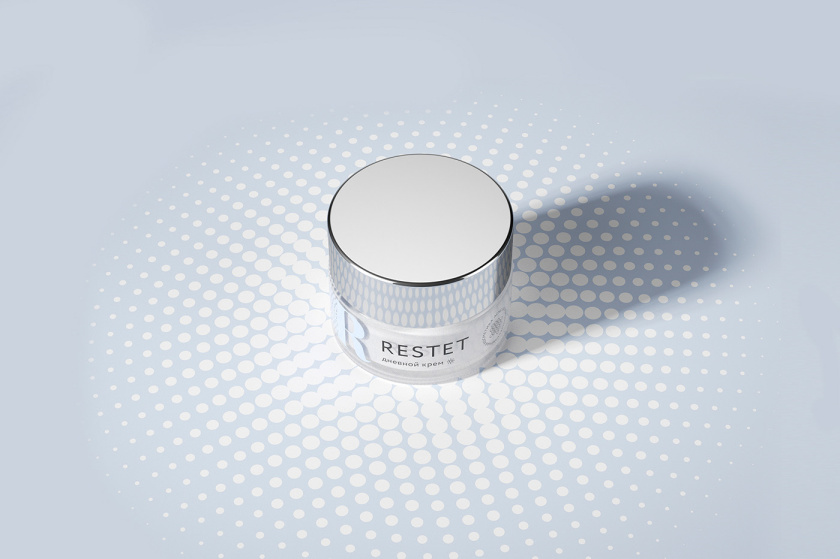 Restet醫(yī)美化妝品包裝設(shè)計(jì)，字母R+動(dòng)態(tài)圓點(diǎn)元素