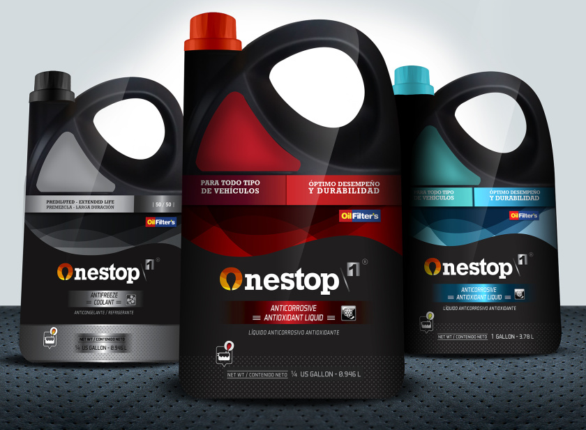 OneStop 汽車潤滑油包裝設(shè)計(jì)，動(dòng)態(tài)漸變色塊風(fēng)格