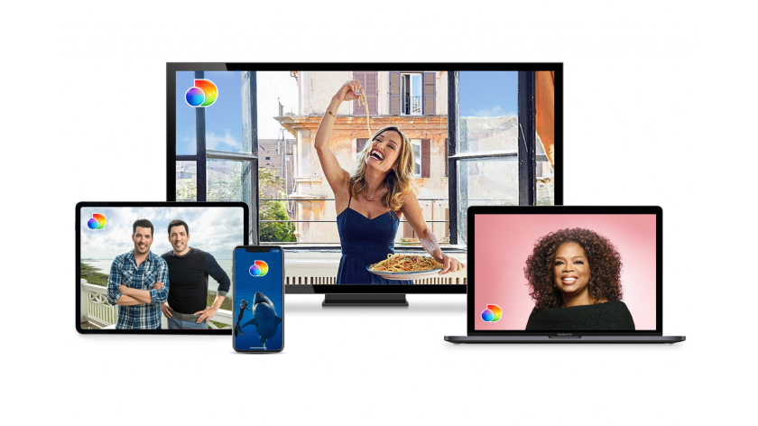 Discovery+探索電視節(jié)目頻道品牌logo設(shè)計(jì)，光譜色幾何D和一個(gè)圓的結(jié)合