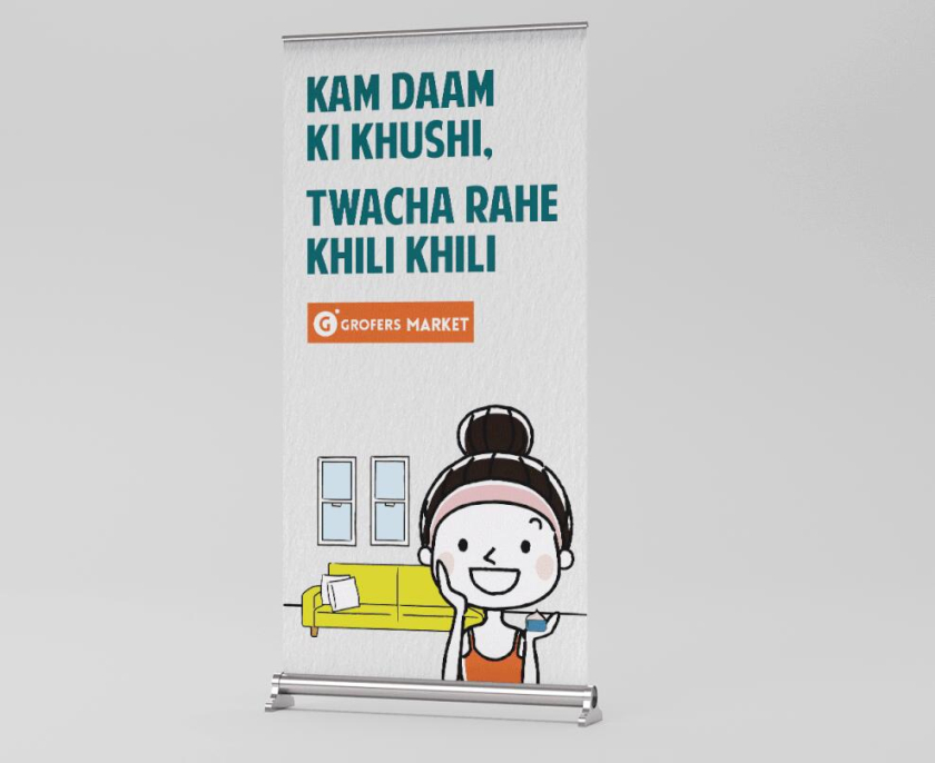 Grofers Market 食品超市品牌vi形象設(shè)計(jì)與輕松快樂的人物購物插畫設(shè)計(jì)