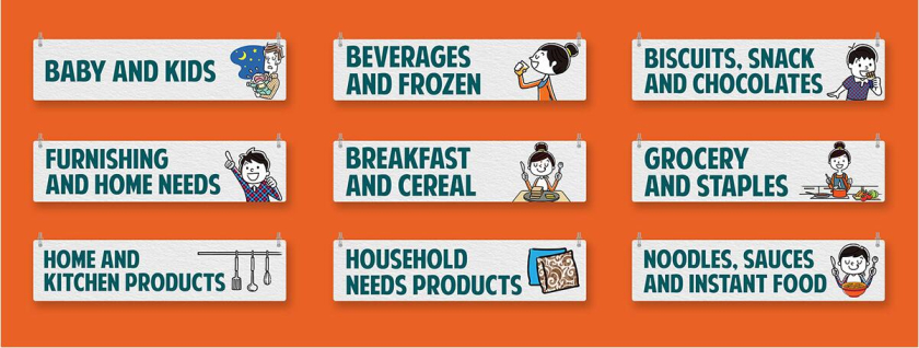 Grofers Market 食品超市品牌vi形象設(shè)計(jì)與輕松快樂的人物購物插畫設(shè)計(jì)