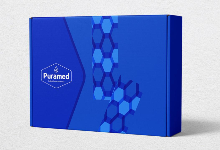 Puramed食品營養(yǎng)補(bǔ)充劑制造企業(yè)公司logo設(shè)計(jì)vi設(shè)計(jì)，相互嵌套六邊形輔助圖形設(shè)計(jì)