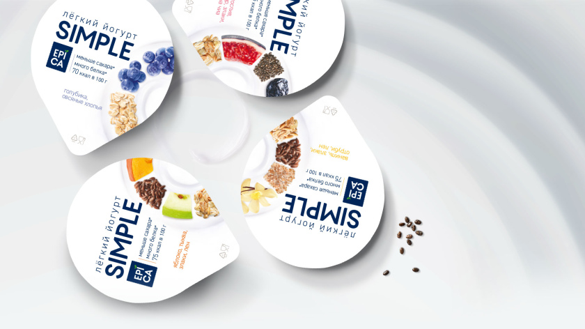 Epica Simple 低糖酸奶包裝設計，酸奶添加的谷物及水果顆粒，組成O字符號
