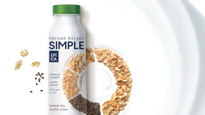 Epica Simple 低糖酸奶包裝設(shè)計(jì)，酸奶添加的谷物及水果顆粒，組成O字符號(hào)