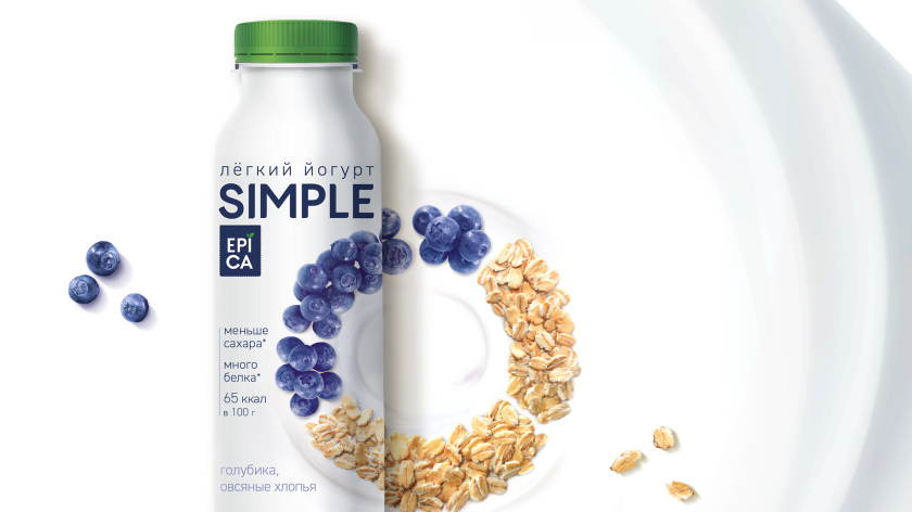 Epica Simple 低糖酸奶包裝設(shè)計(jì)，酸奶添加的谷物及水果顆粒，組成O字符號(hào)