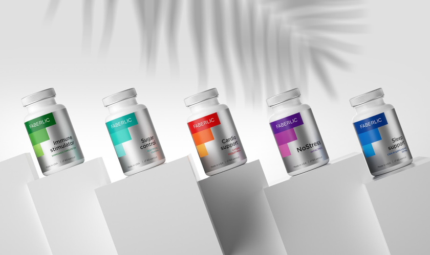 Faberlic 營養(yǎng)補充劑包裝設(shè)計，類似臺階的F字母符號，加銀色效果