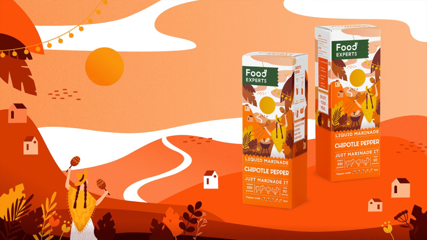 液體腌料調(diào)味品食品包裝設(shè)計，色彩鮮艷的女孩戶外燒烤插畫設(shè)計