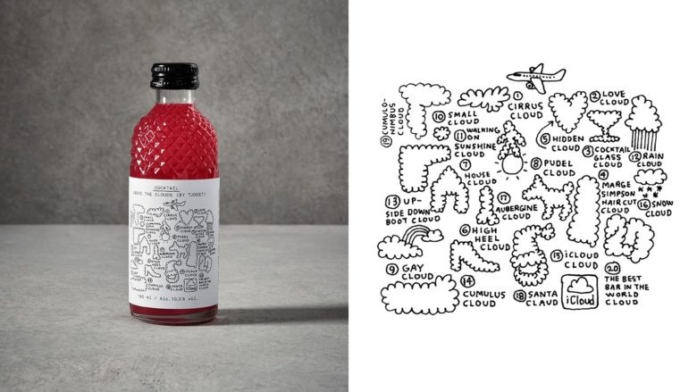 云之上雞尾酒凹凸瓶型設(shè)計與完全手繪風(fēng)格的包裝標(biāo)簽設(shè)計