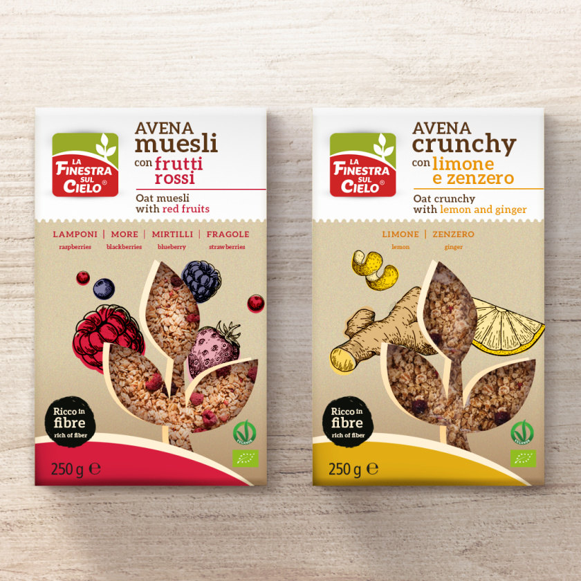 嘎吱嘎吱品牌識(shí)別風(fēng)格松脆麥片食品包裝設(shè)計(jì)，開(kāi)窗源自品牌logo圖形