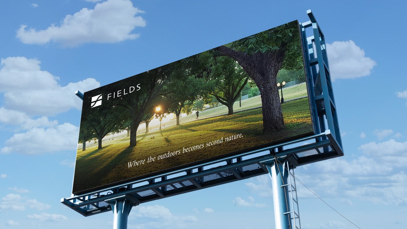 Fields菲爾茲莊園社區(qū)住宅地產(chǎn)logo設(shè)計，彎曲“F”表示河流和干道的交叉