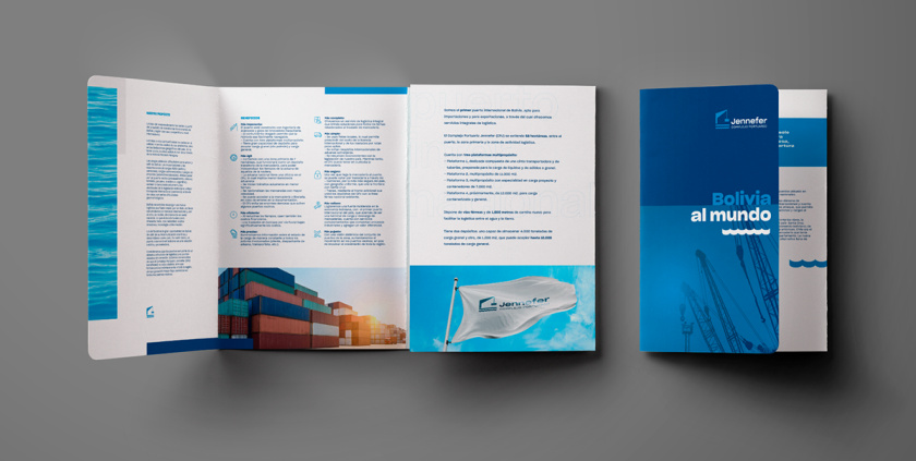 Jennefer國(guó)際港口品牌vi形象設(shè)計(jì)logo設(shè)計(jì)，大型起吊機(jī)元素與沉穩(wěn)活力藍(lán)色配色-宣傳冊(cè)設(shè)計(jì)