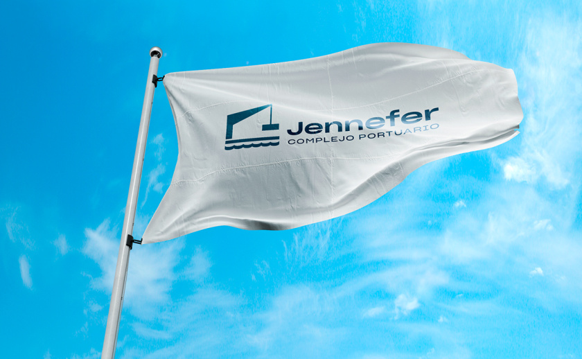 Jennefer國(guó)際港口品牌vi形象設(shè)計(jì)logo設(shè)計(jì)，大型起吊機(jī)元素與沉穩(wěn)活力藍(lán)色配色-企業(yè)旗幟設(shè)計(jì)