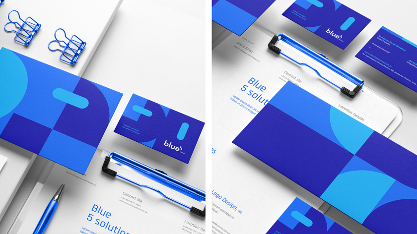 Blue 5 Solutions 科技公司企業(yè)品牌形象vi設(shè)計(jì),,幾何同色系藍(lán)色色塊輔助圖形