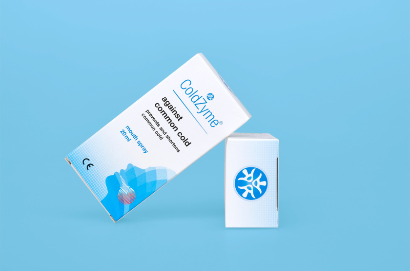 Coldzyme預(yù)防感冒病菌口腔噴霧劑包裝設(shè)計，色塊面部+箭頭喉嚨發(fā)炎圖形