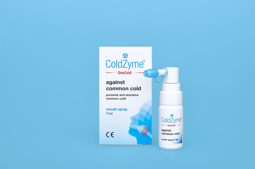 Coldzyme預(yù)防感冒病菌口腔噴霧劑包裝設(shè)計，色塊面部+箭頭喉嚨發(fā)炎圖形