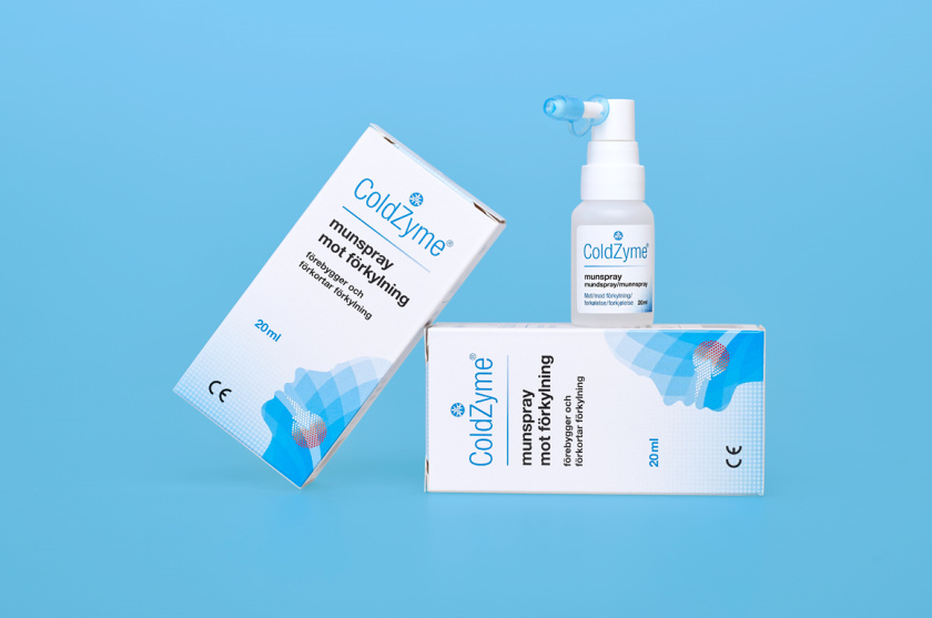 Coldzyme預(yù)防感冒病菌口腔噴霧劑包裝設(shè)計，色塊面部+箭頭喉嚨發(fā)炎圖形