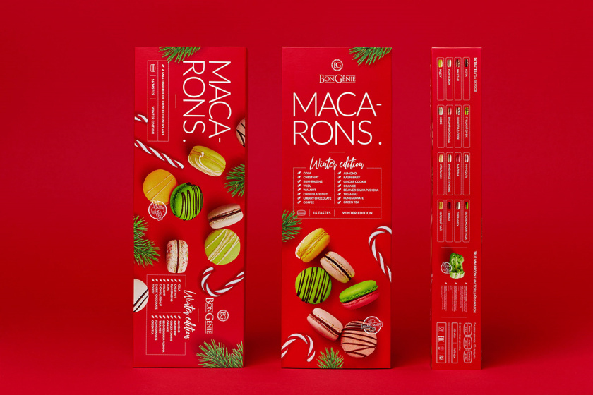 BonGenie馬卡龍糕點(diǎn)節(jié)日禮品裝食品包裝設(shè)計(jì)，喜慶紅色+糕點(diǎn)照片