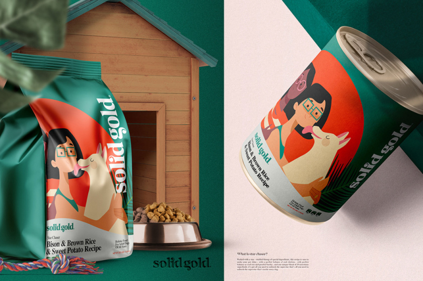 Solid Gold 純金狗糧包裝設計，寵物與主人的簡約扁平插畫風格