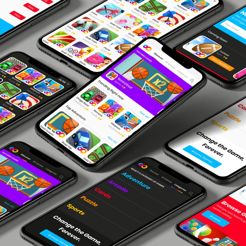 FRVR免費休閑游戲平臺網(wǎng)站品牌重塑，對角線顏色分割無窮大造型LOGO設(shè)計網(wǎng)站設(shè)計