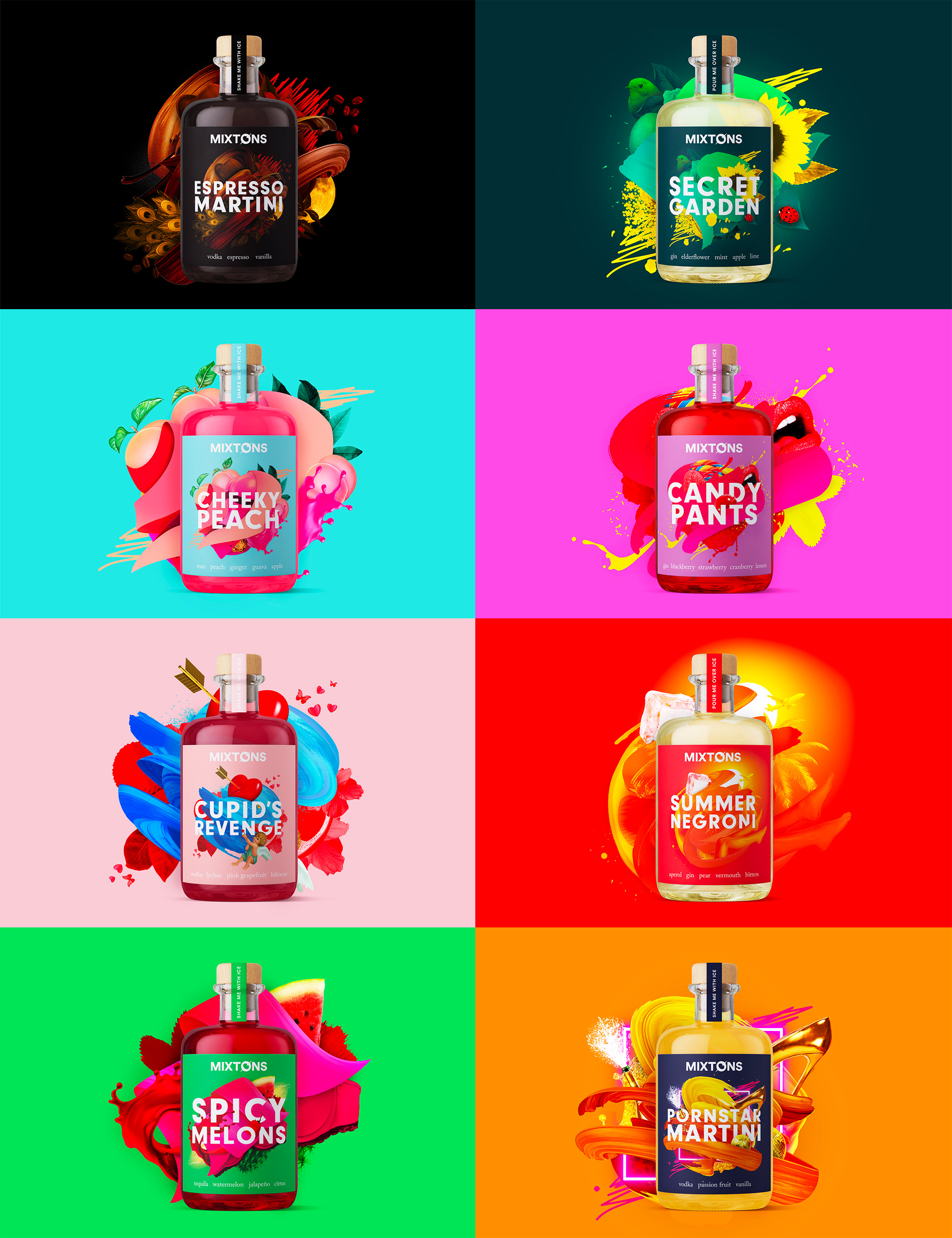 Mixton 雞尾酒包裝設計“3D混合元素拼貼插圖風格”