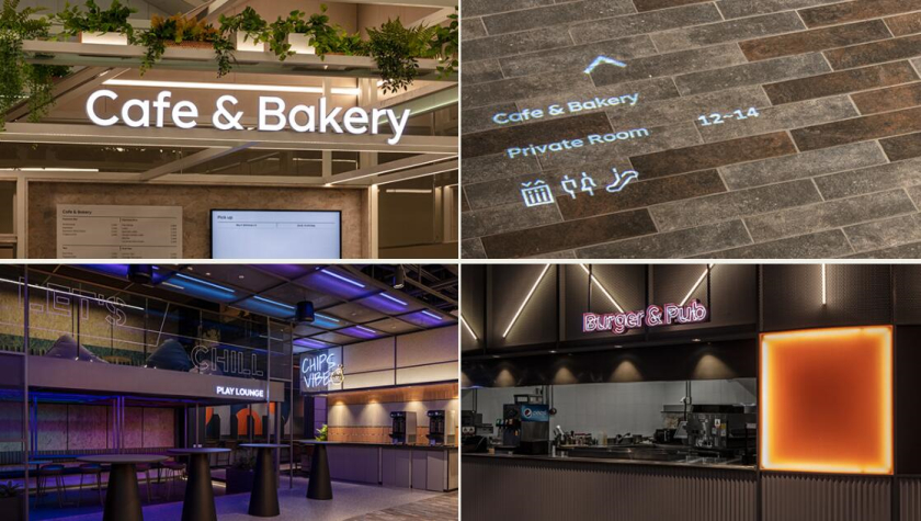 The Table 電信品牌vi視覺識別設(shè)計空間設(shè)計及導視，與桌子結(jié)合的長長的T型水平線元素