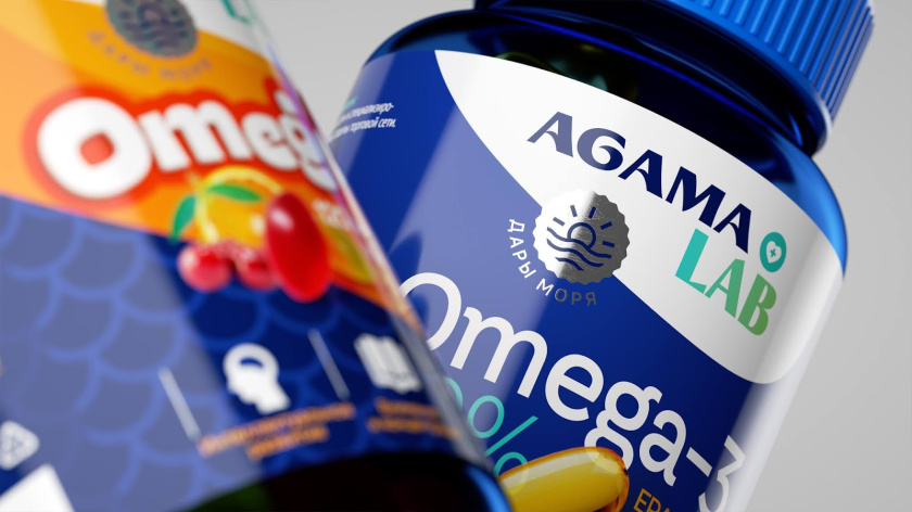 Agama lab魚肝油Omega-3魚油保健品包裝設計，注重信息分類處理