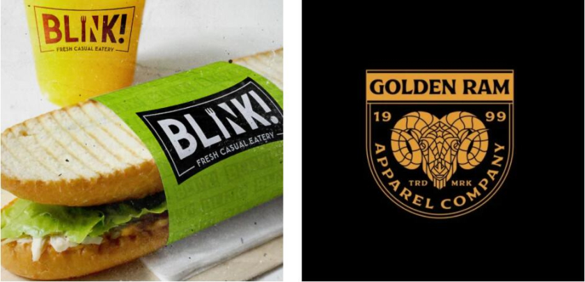 左圖：帶 Blink 的三明治包裝、袋子和一次性杯子及商標(biāo)。 右圖：黑色背景下標(biāo)志的金色變體