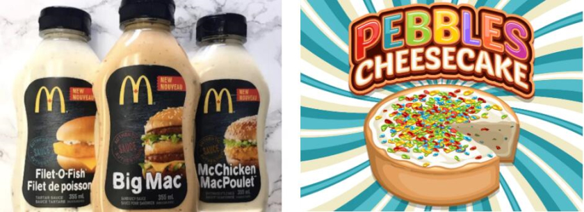 左圖：三瓶麥當(dāng)勞醬并排 右圖：一瓶電子液體，在條紋背景下顯示蛋糕