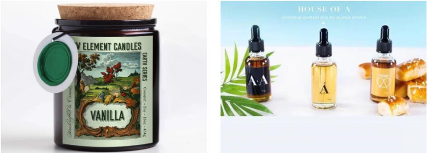 左圖：帶有彩色標(biāo)簽的蠟燭 右圖：安妮阿姨的精油