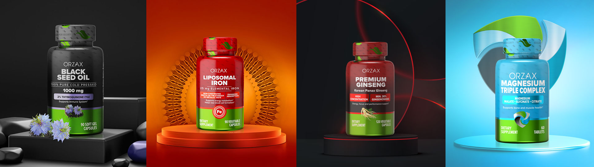Orzax品牌營養(yǎng)補充劑系列保健品包裝設(shè)計，綠色搭配變色，啞光+金屬色