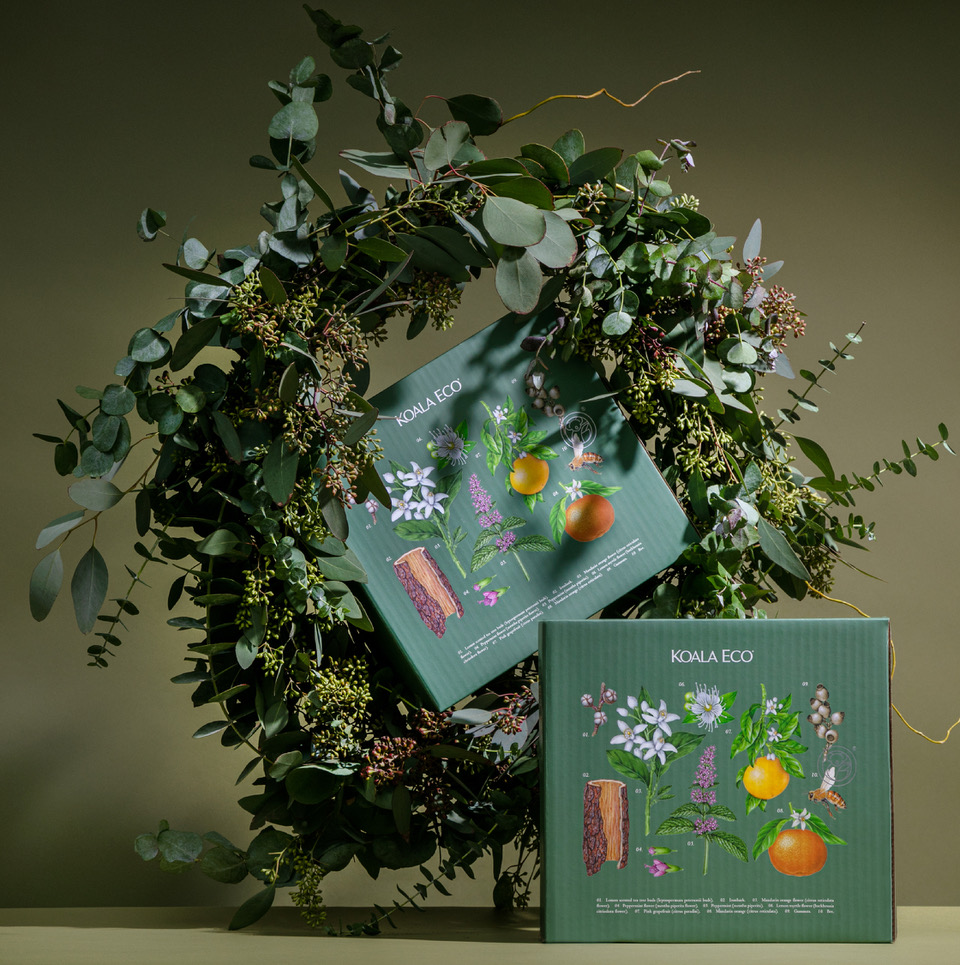 koala 植物精油綠色禮盒包裝設(shè)計，自然精致的植物花卉昆蟲插畫