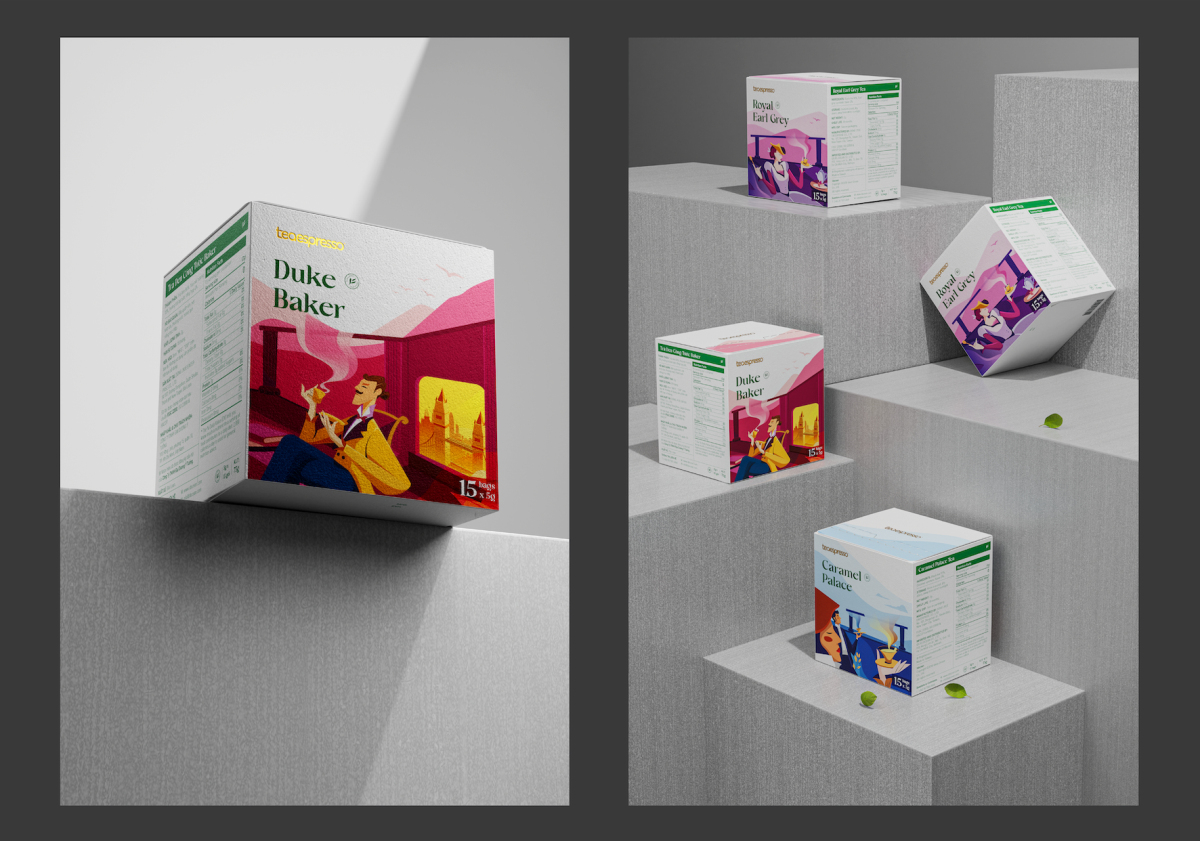 Teaepresso 袋泡茶茶葉包裝設(shè)計(jì)”茶園與飲茶插畫''''''''