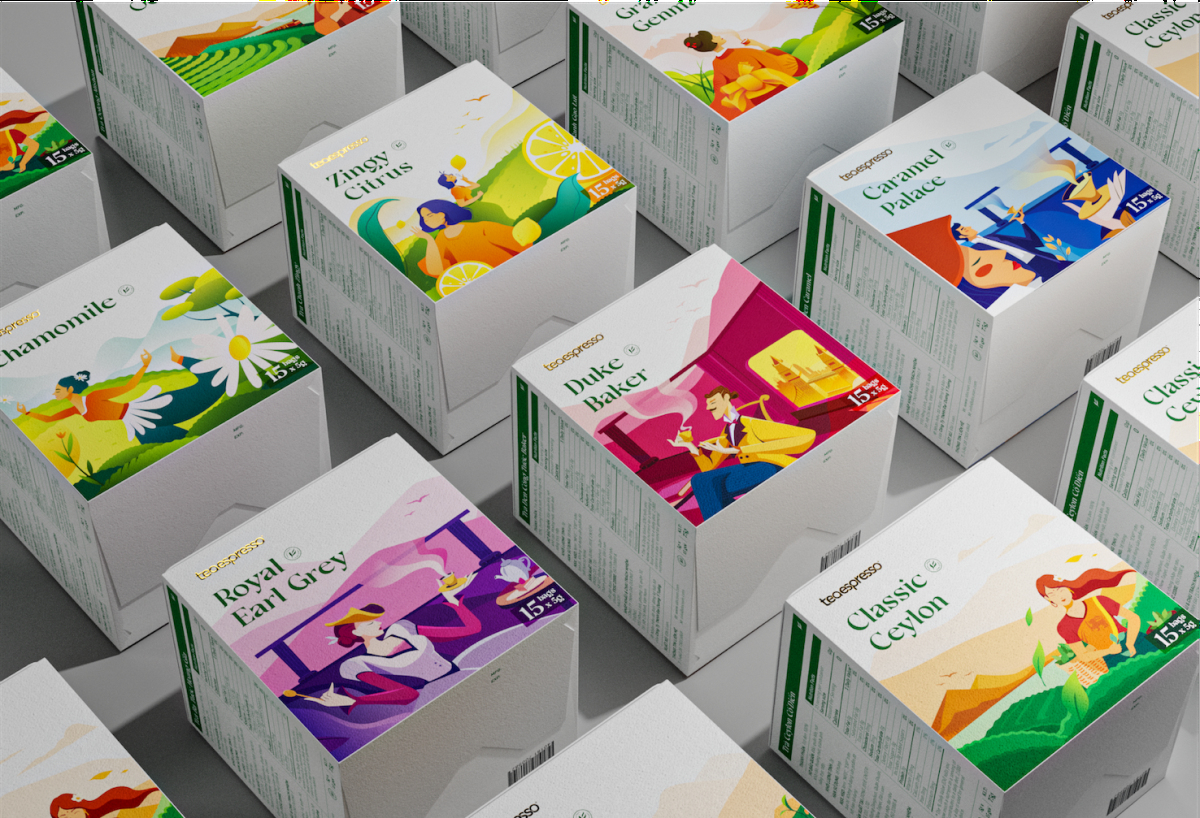 Teaepresso 袋泡茶茶葉包裝設(shè)計(jì)”茶園與飲茶插畫''''''''