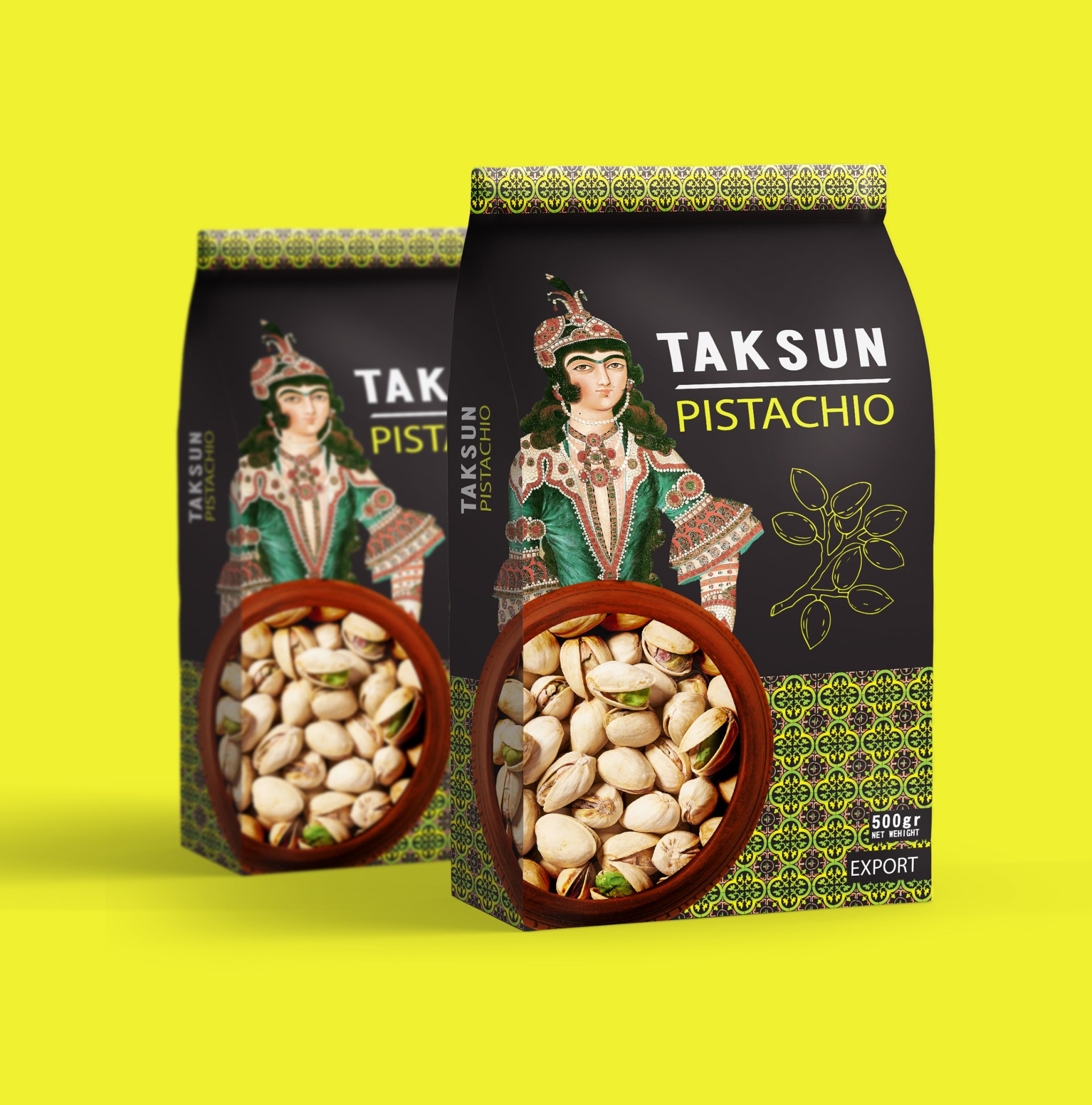 達順開心果堅果包裝設(shè)計“伊朗女孩插畫+拼接底紋”