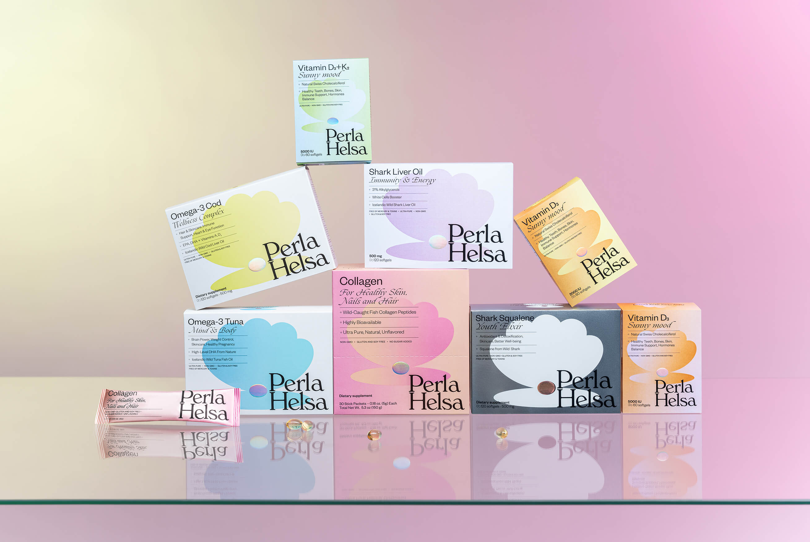 Perla Hesla膳食營養(yǎng)補(bǔ)充劑保健品包裝設(shè)計(jì)，貝殼珍珠元素+優(yōu)雅漸變設(shè)計(jì)