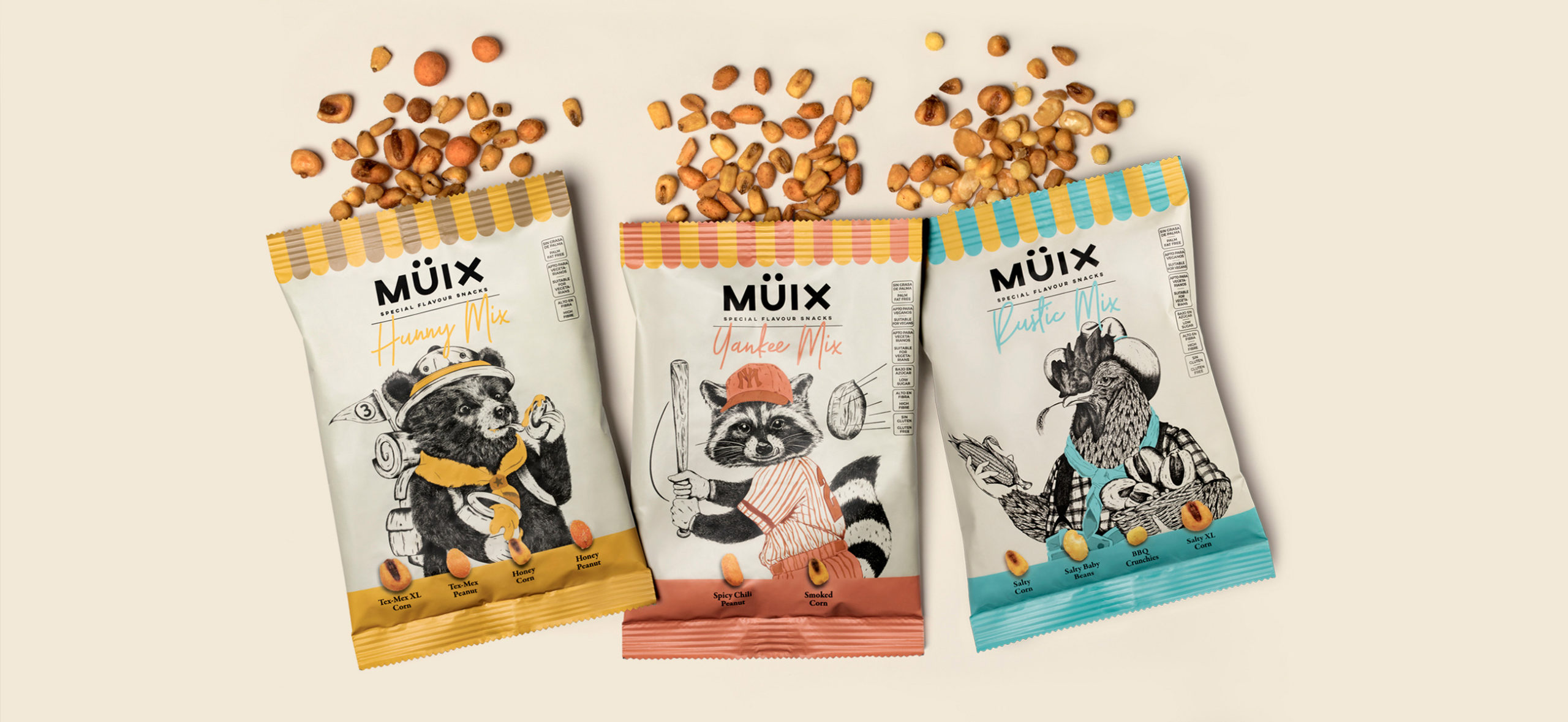 Müix混合口味堅果食品包裝設(shè)計“動物擬人”插畫