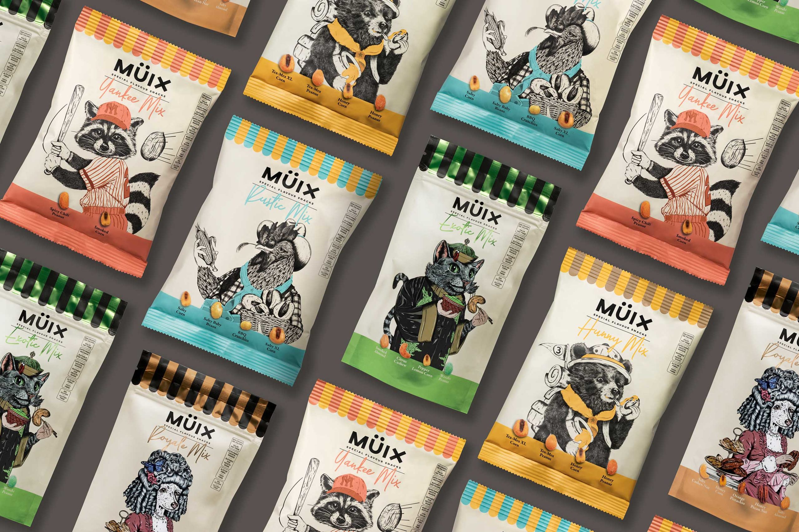 Müix混合口味堅果食品包裝設(shè)計“動物擬人”插畫