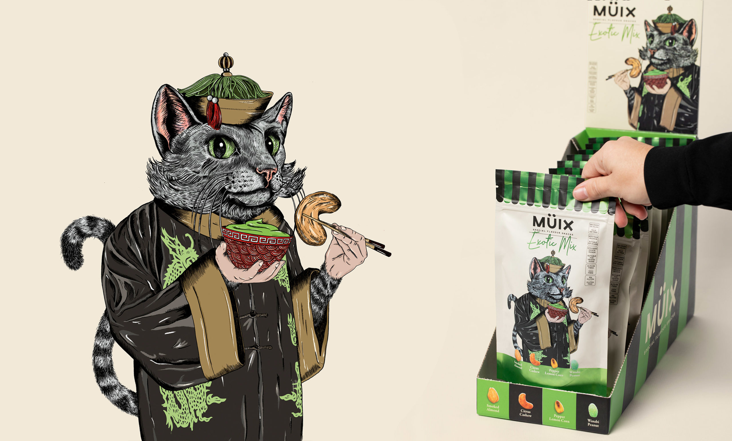 Müix混合口味堅果食品包裝設(shè)計“動物擬人”插畫