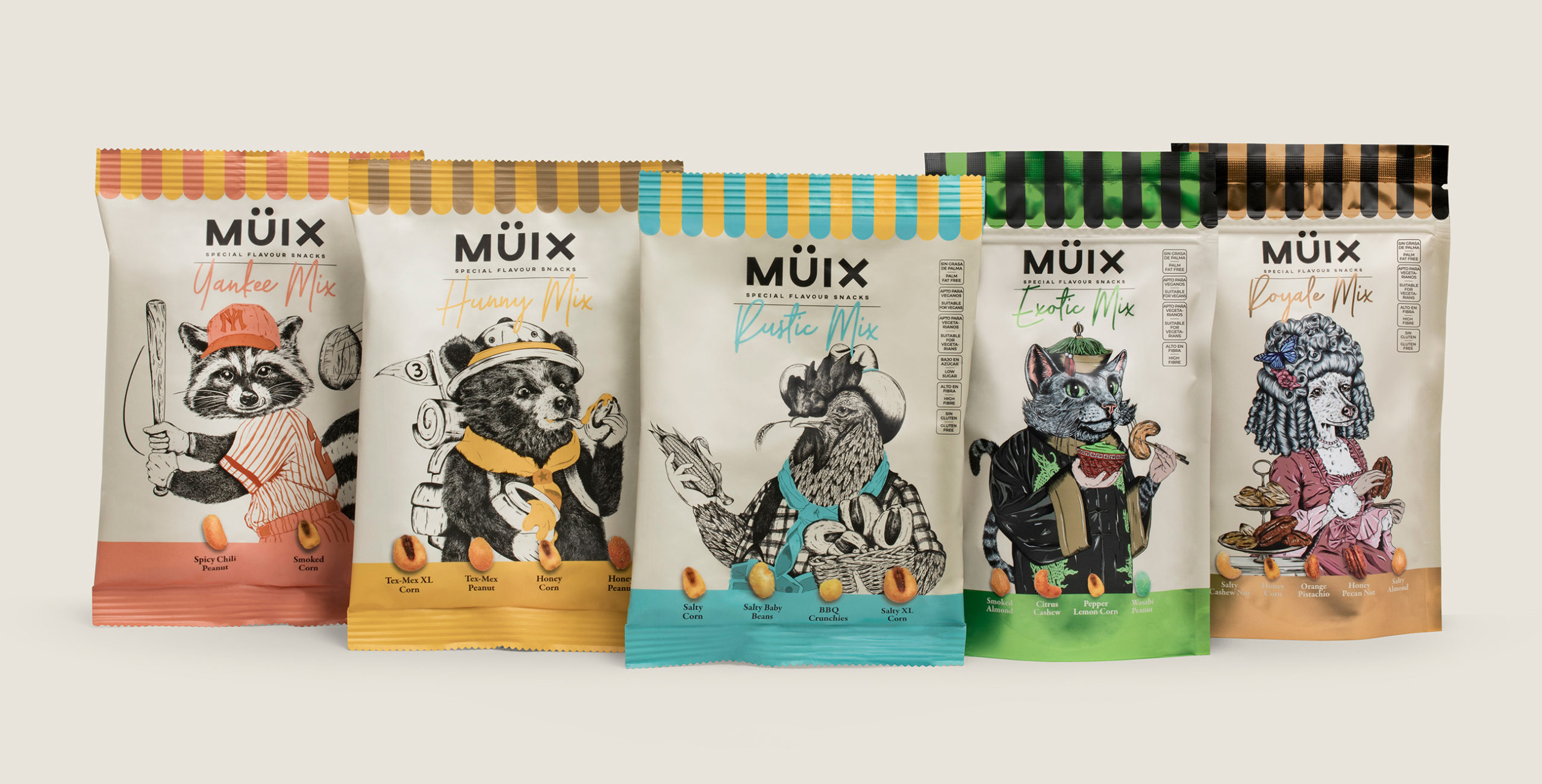 Müix混合口味堅果食品包裝設(shè)計“動物擬人”插畫