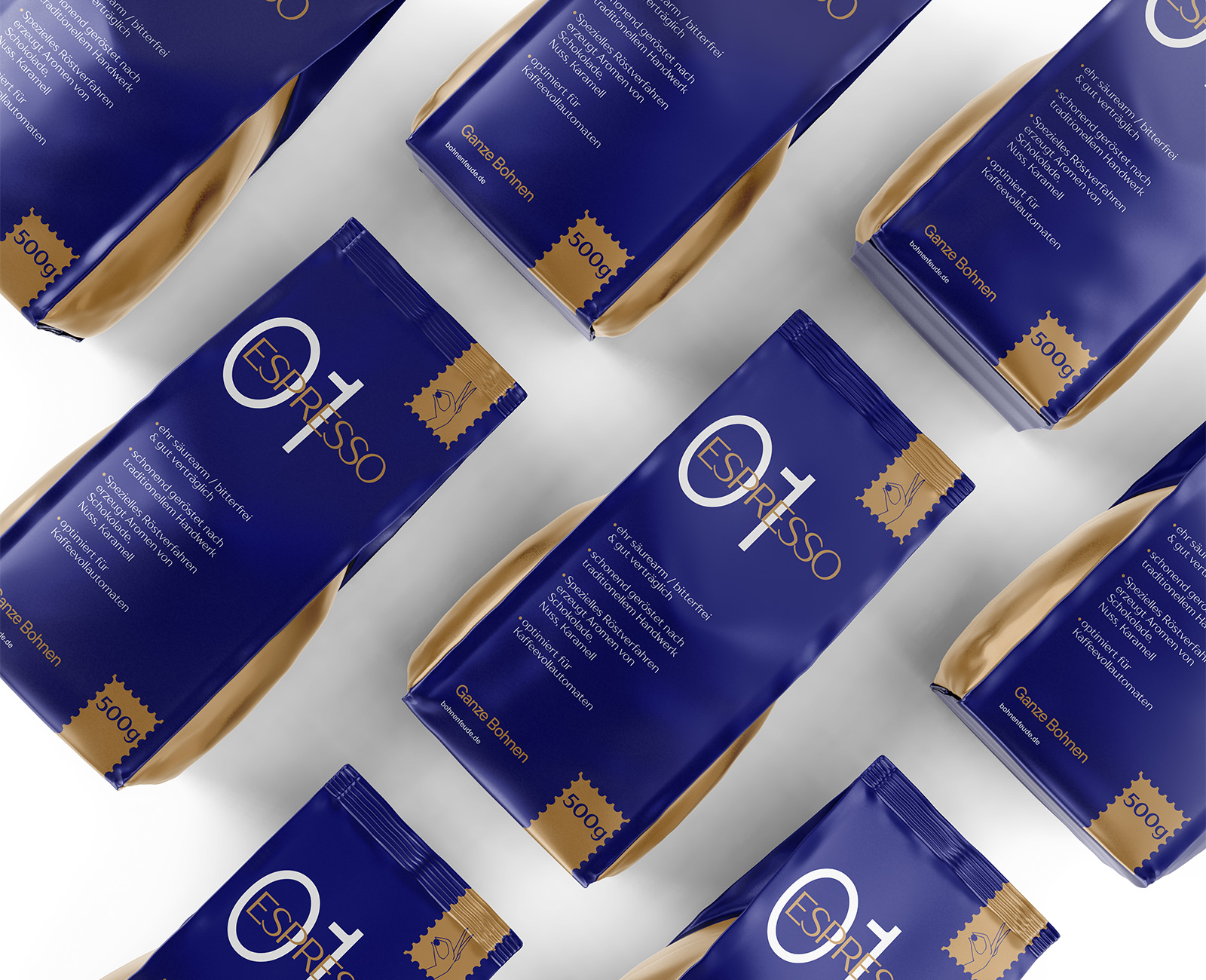 GANZE BOHNEN 精品袋裝咖啡包裝設(shè)計(jì)，金色和海軍藍(lán)設(shè)計(jì)