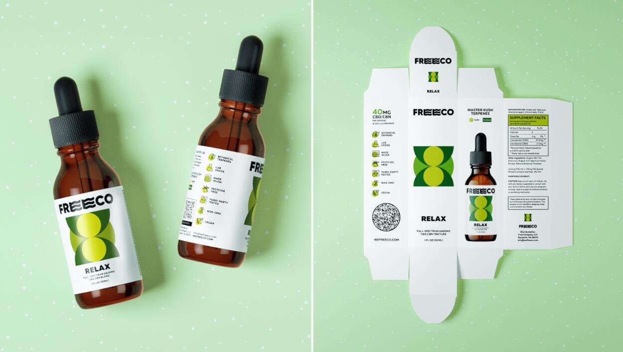 freeco天然大麻提取物滴劑藥品包裝設(shè)計(jì)，抽象幾何圖案組合