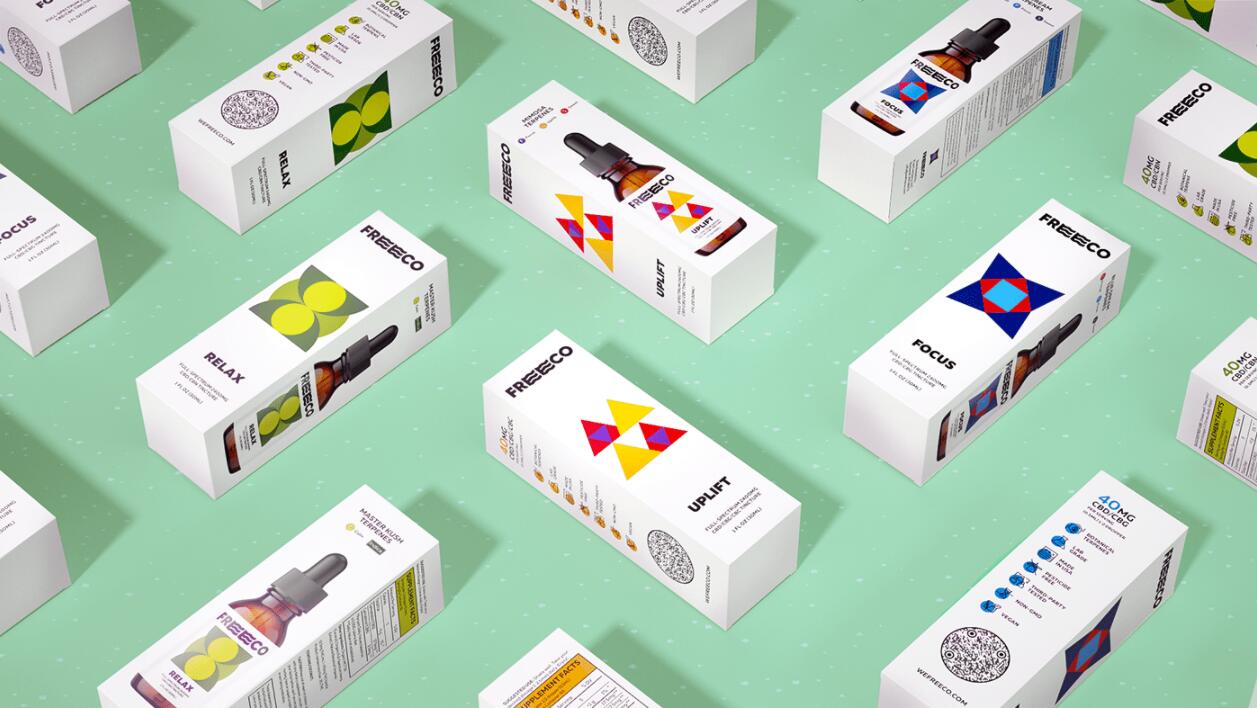 freeco天然大麻提取物滴劑藥品包裝設(shè)計(jì)，抽象幾何圖案組合